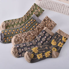 Black Friday Sale 49%OFF-5 Pairs Women's Embossed Floral Cotton Socks