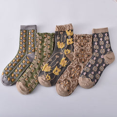 Black Friday Sale 49%OFF-5 Pairs Women's Embossed Floral Cotton Socks